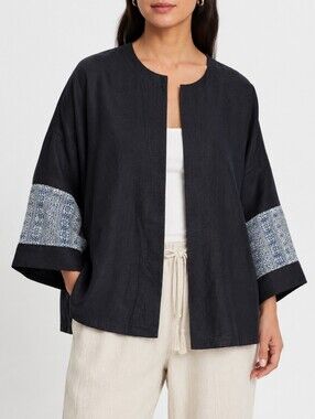 Eskandar Black Heavy Linen Kimono Cardigan Tribal Woven Cuff Lagenlook Size 0
